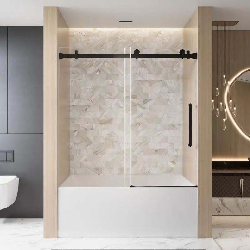 

Frameless Single Sliding Shower Door 60"W x 60"H, 1/4" Clear Tempered Glass, Explosion-Proof Film, Stainless Steel Handle,