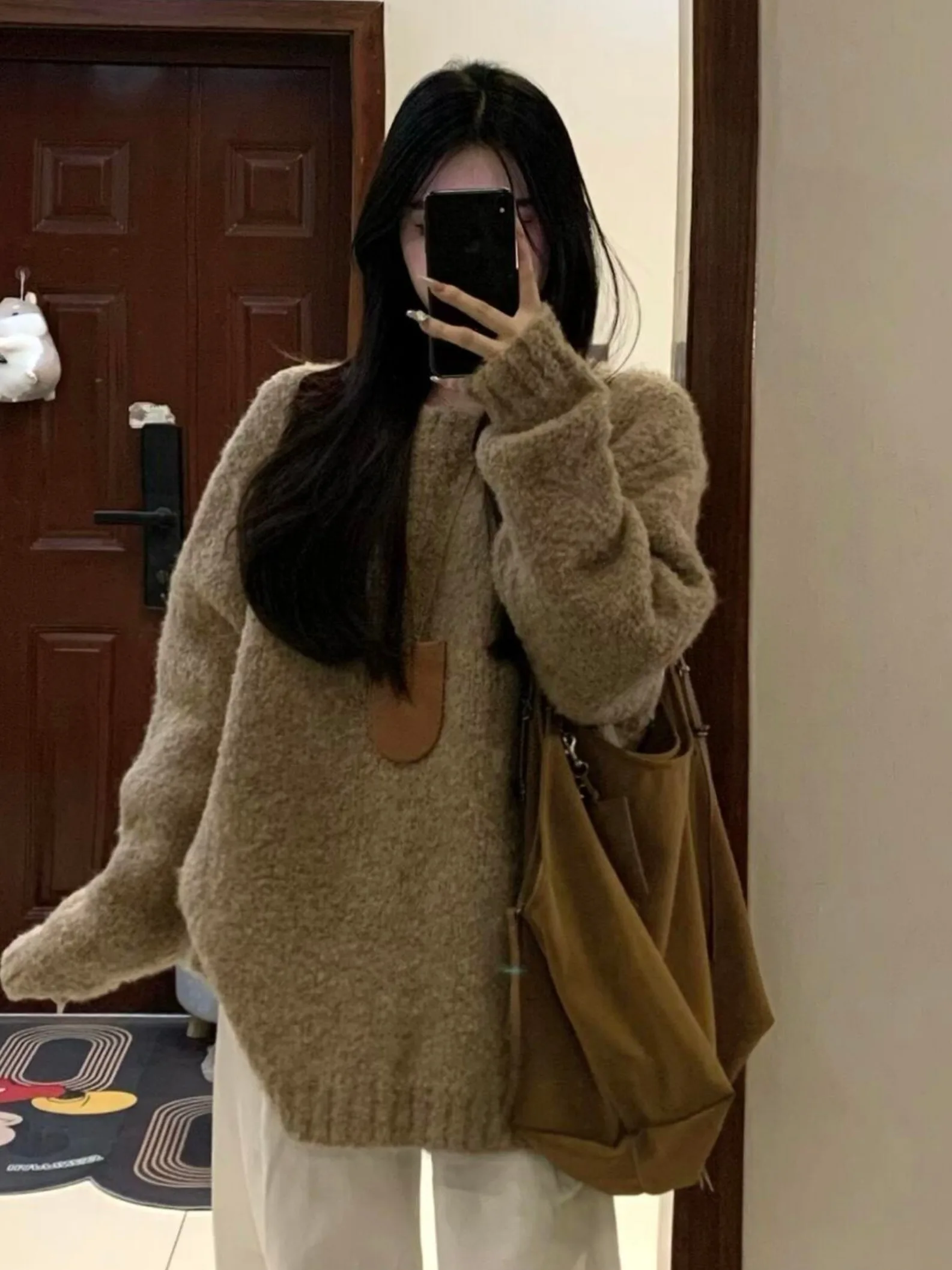 

Свободный женский коричневый свитер, осень-зима, новый корейский ленивый моон, внутренняя одежда, повседневный длинный све, круглый топ