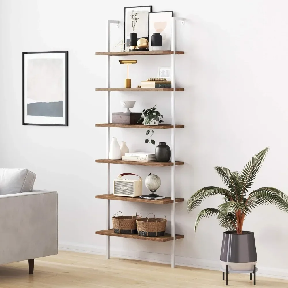 Theo 6-Shelf Tall Bookcase, Wall Mount Bookshelf with Natural Wood Finish and Industrial Metal Frame, Rustic