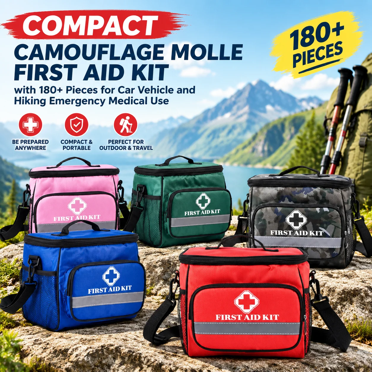 Compact Camouflage MOLLE First Aid Kit with 180+ Pieces for Car Vehicle and Hiking Emergency Medical Use