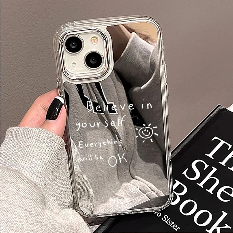 Mirror Phone Case for iPhone 17 16 15 14 Plus 11 12 13 Pro Max 16E Inspirational Quote Smiley Sun Shockproof Protective Cover