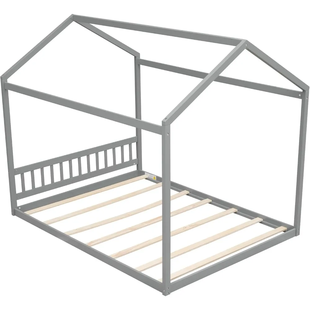 إطار سرير خشبي بحجم كوين للأولاد والبنات والأطفال والكبار والأطفال الصغار مع لوح رأسي، رمادي #6