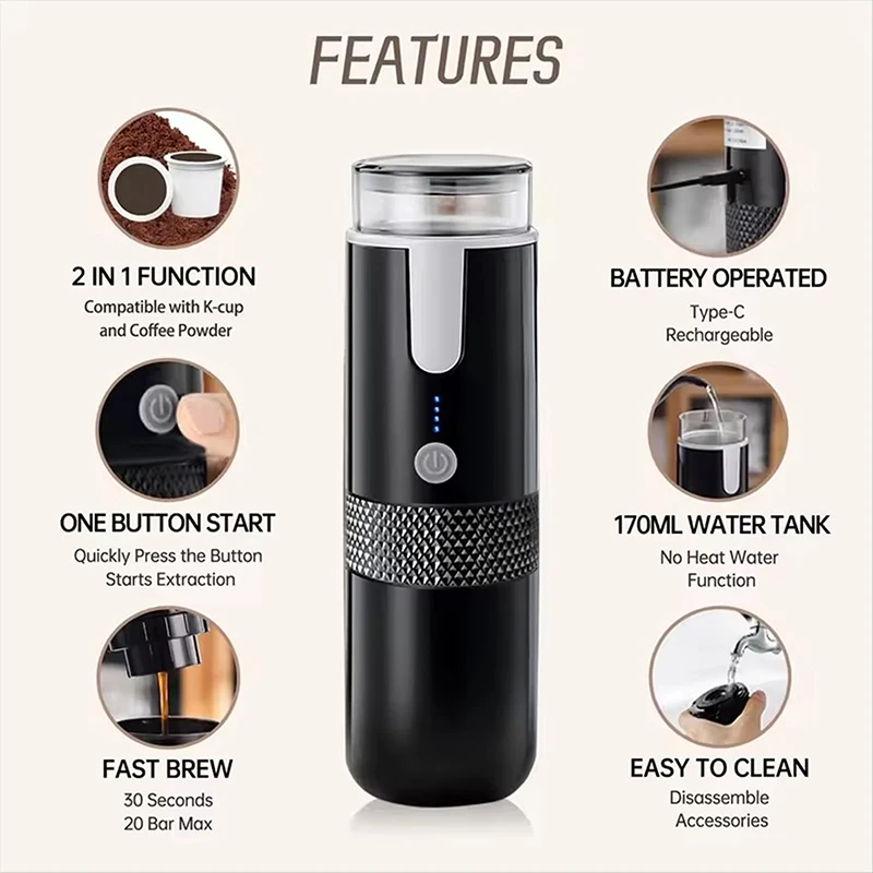 Portable Wireless Coffee Maker For K Cup Capsules Small Electric Coffee Maker One Button Operated For Camping Picnic Outdoor Use
