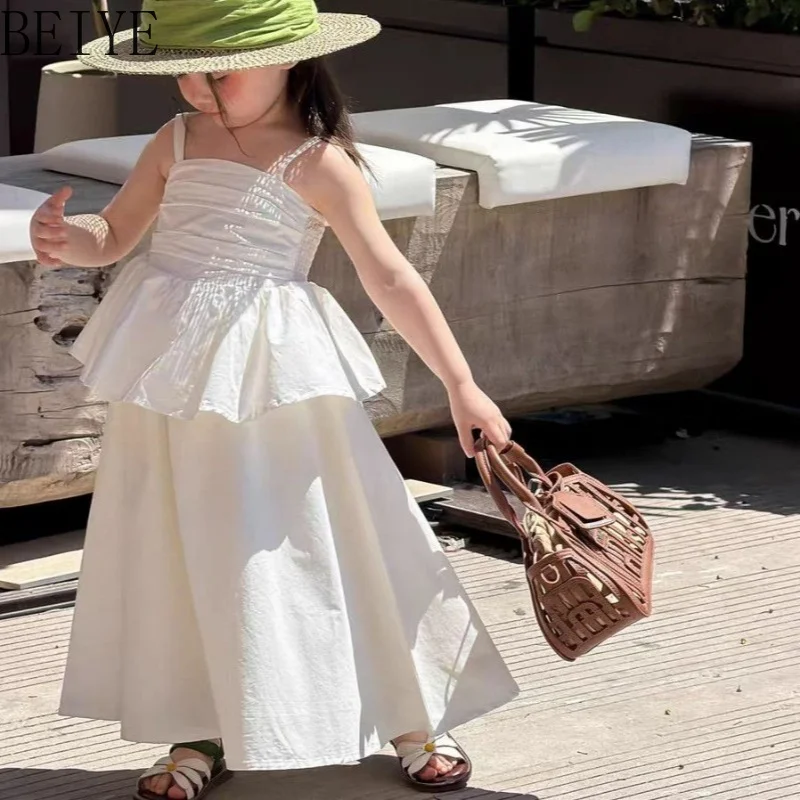 Girls White Spaghetti Strap Midi Dress Ruched Waist Daily Ruffle Flower A-Line Dress Kids Summer Beach Holiday Casual Sundress