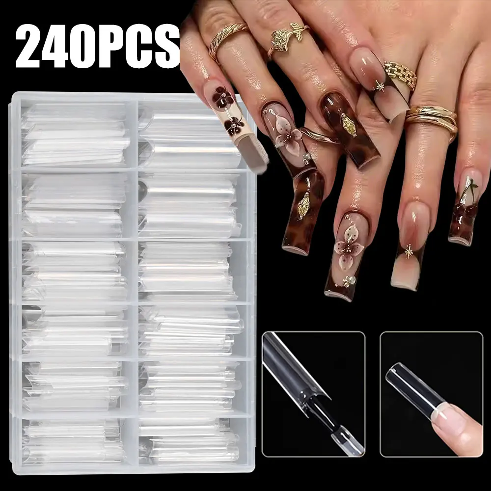 

240 шт. Прозрачные удлиненные типсы для ногтей в форме гробика, прямые квадратные накладные ногти, прозрачные акриловые квадратные типсы для наращивания