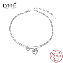 New Fashion 925 Sterling Silver Heart Rhinestone CZ Pendant Double Layer Anklets Women Jewelry Summer Zircon Foot Chain Bracelet