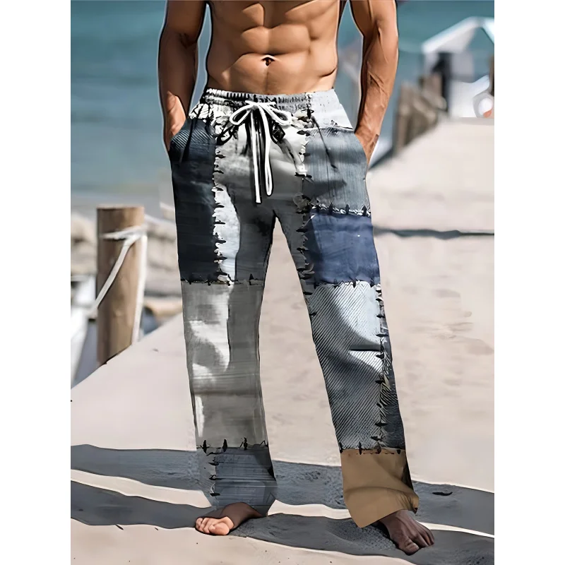 Men'S Summer Fashion Casual Pants Stretchy Men'S Long Trousers Grid stitching 3D Print Design Seamless Drawstring Waist