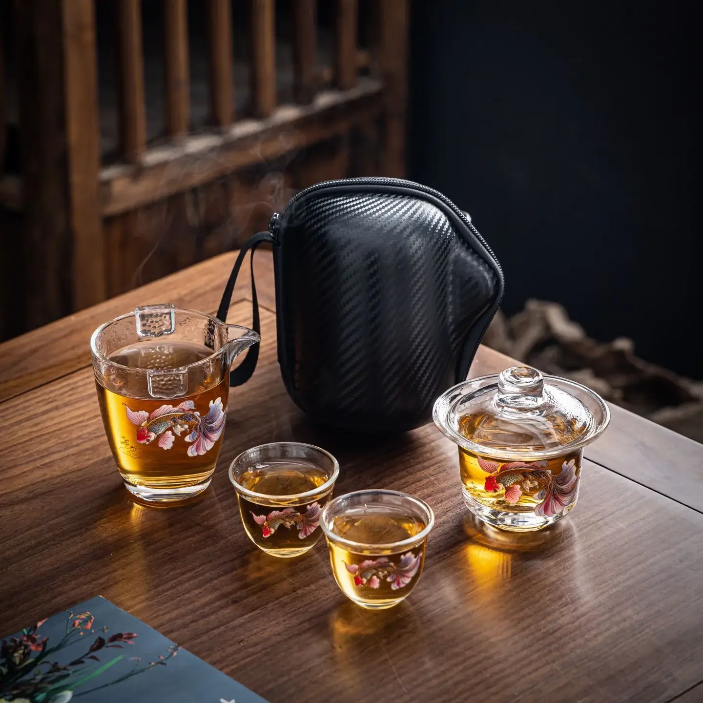 New Chinese-style Glass Travel Tea Set, Including 1 Teapot, 2 Tea Cups, Gaiwan, Gongbei Tea Cup,  Appliqué Teaware
