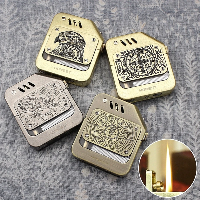 

HONEST Retro Pure Copper Hand Carved Lighter Transparent Window Flip Cover Ignition Safety Lock Advanced Windproof Lighter