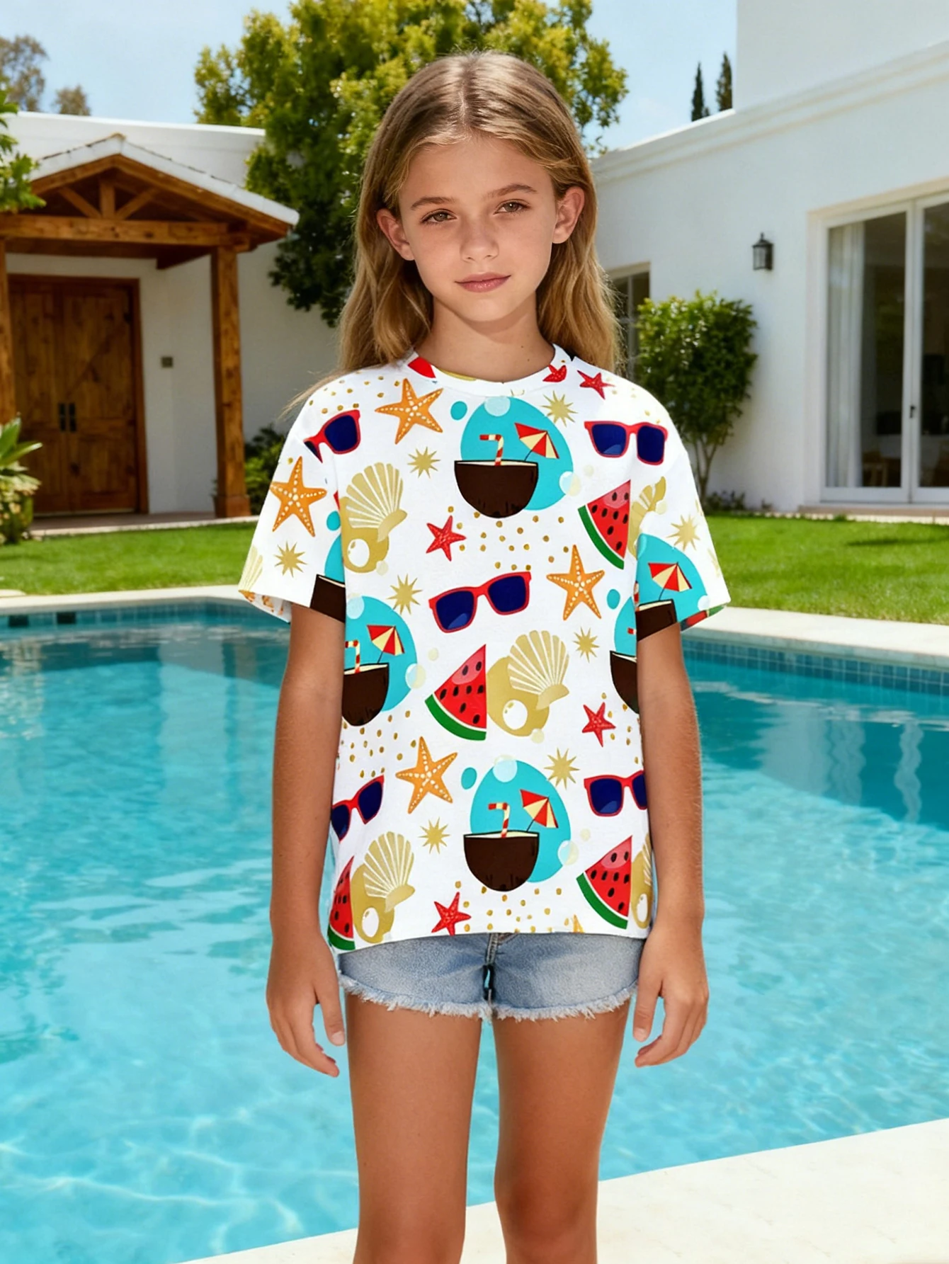 

2026 Girls' vacation full of short-sleeved T-shirts, children's casual vacation crew-neck top summer wear