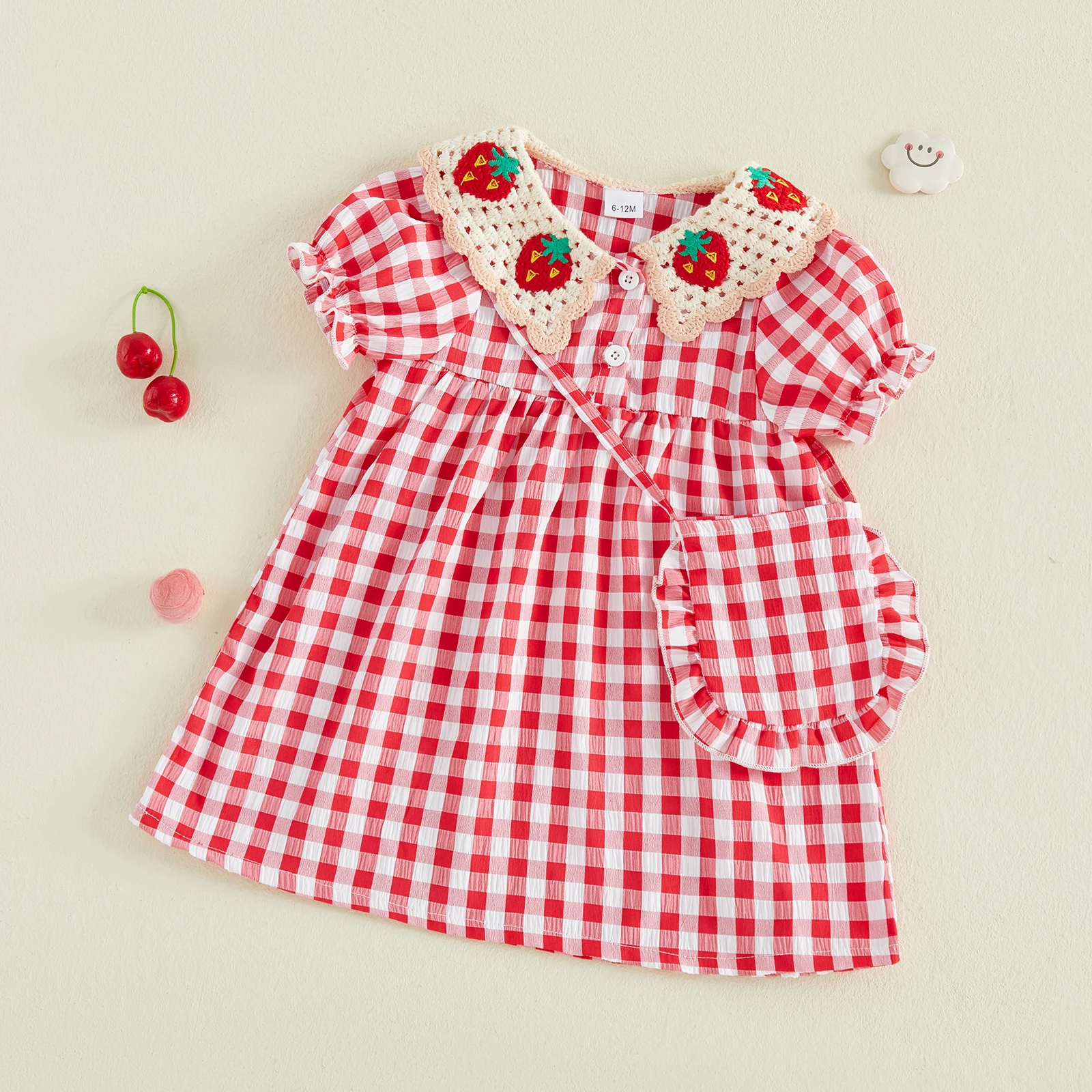 0-4Y Summer Kids Girls Lolita Dress Sets Strawberry Doll Collar Short Sleeve Plaid Casual Dress with Shoulder Bags