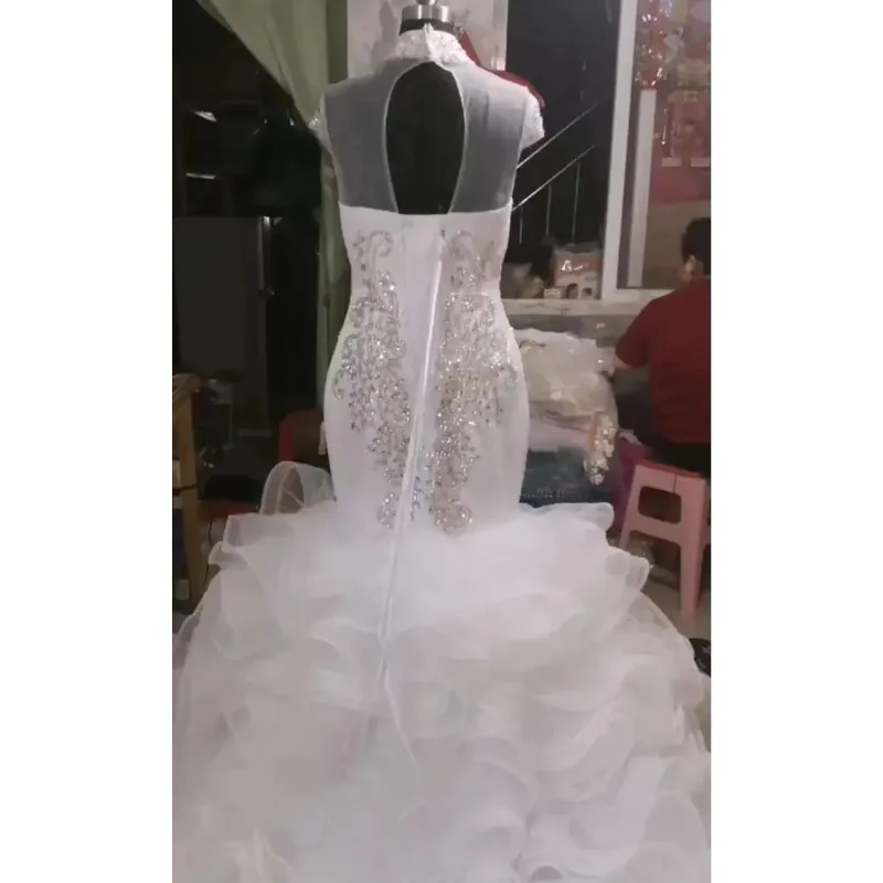 맞춤 플러스 사이즈 아프리카 비즈 머메이드 웨딩드레스 고급 비즈 크리스탈 웨딩드레스 하이넥 머메이드 신부 드레스