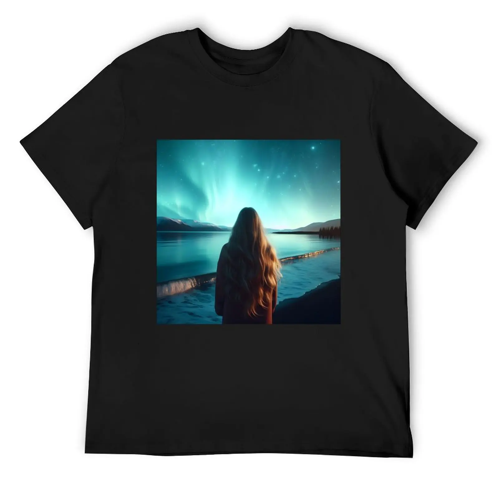 

A woman stands by the lake in front of the northern lights T-Shirt graphic shirts customs design your own Men's cotton t-shirt