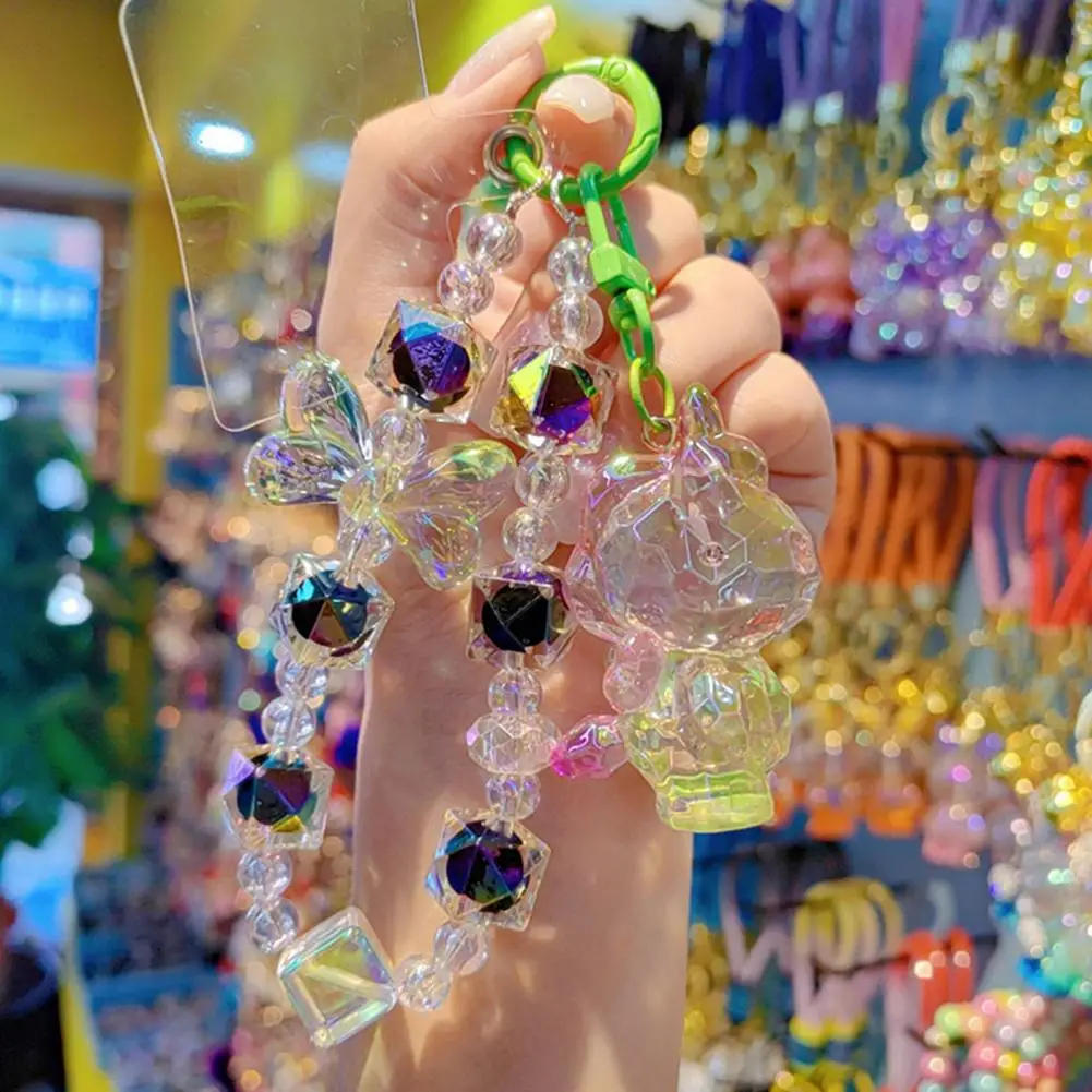 Girly Keychain Accessory Beaded Keychain Macaron Color Beads Sparkling Mobile Phone Chain Bag Hanger with Transparent Pendants