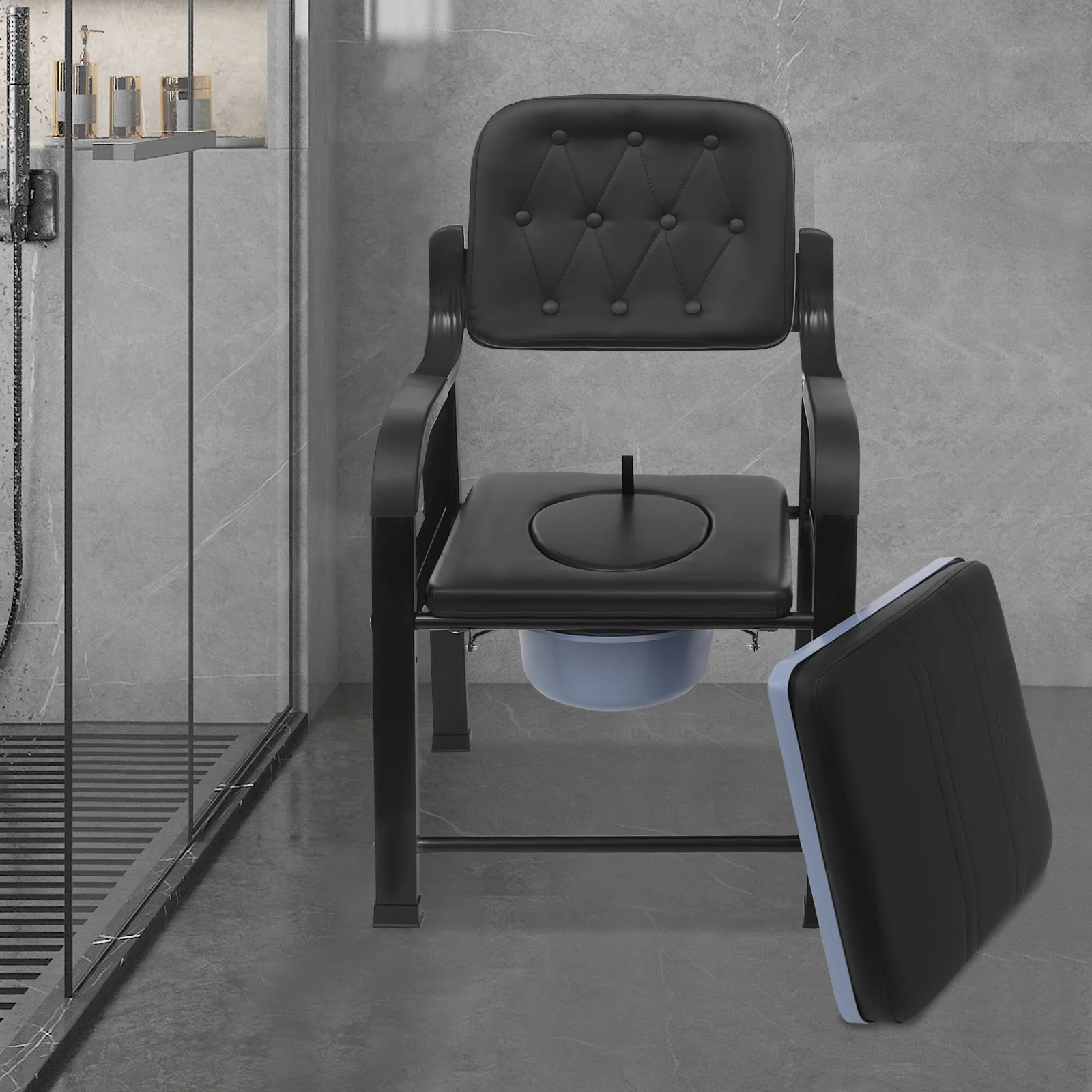 Sedia da toilette da comodino per anziani e disabili Vasino con bracciolo, sedile, sedia da toilette con secchio rimovibile, carico di 250 kg, altezza regolabile