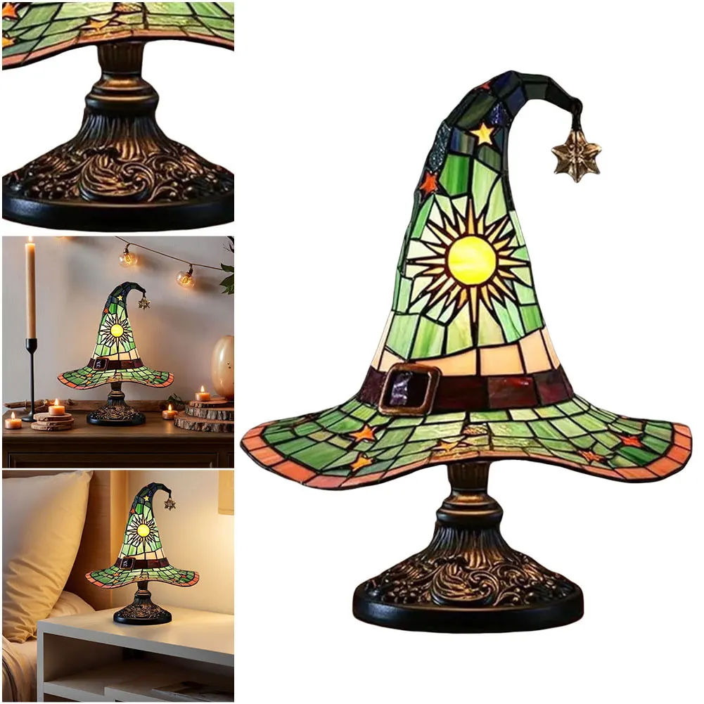 Kolorowa Lampa Stołowa LED w Kształcie Kapelusza Wiedźmy z Witrażem, Ręcznie Robiona Lampa Nocna USB, Kreatywna Lampka Nocna do Dekoracji Domu i Sypialni