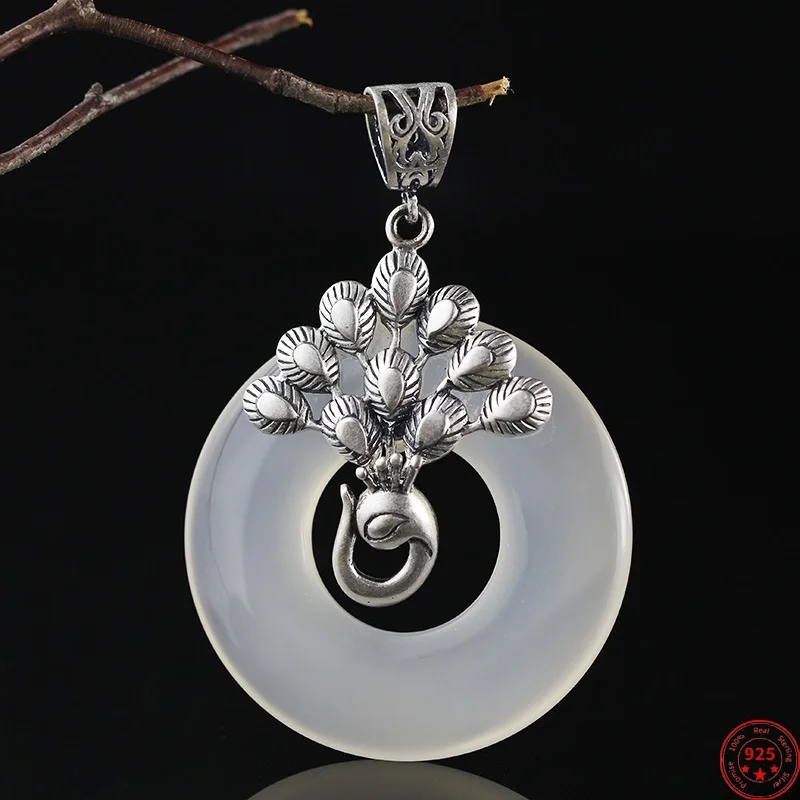 

S925 Sterling Silver Pendants for Women New Fashion Hollow Peacock Inlaid White Chalcedony Ethnic Style Jewelry Free Shipping