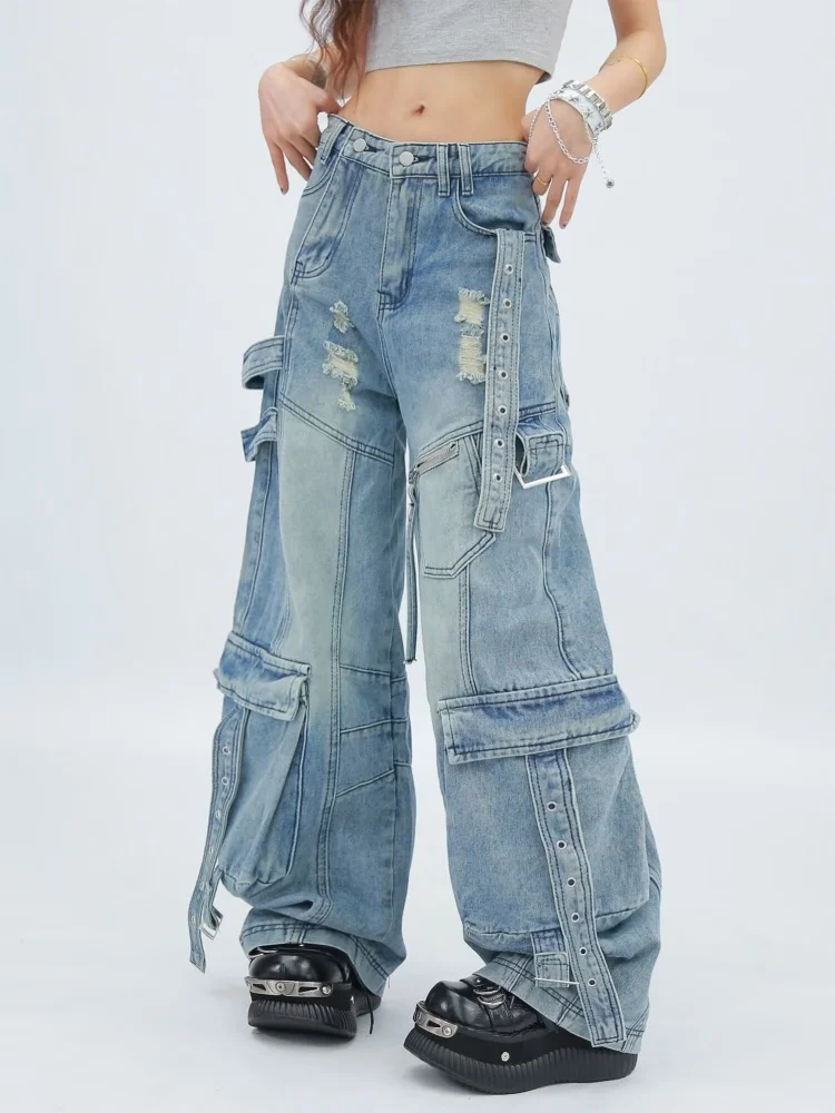 2025 Amerikaanse retro Y2K streetwear gewassen blauwe baggy gescheurde cargo jeans broek voor dameskleding wijde pijpen dame denim broek