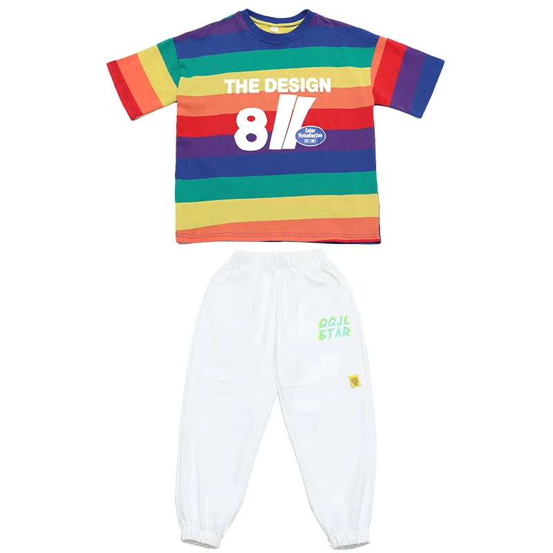 Kinder Cheerleader Regenbogen Junge Bühnenshow Outfit Mädchen Hip Hop Tanzshow Regenbogen Gestreiftes Kleid Weiße Hose