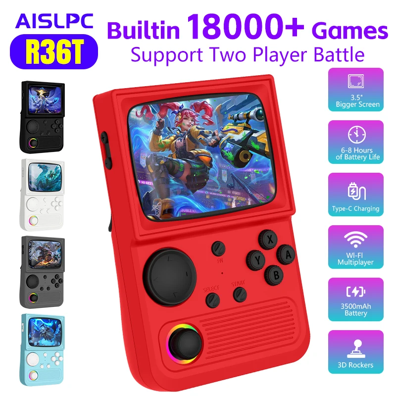 

R36T Ретро портативная игровая консоль 18000 + игровая система EmuEMEC 3,5-дюймовый IPS-экран для двух человек, портативный карманный видеоплеер