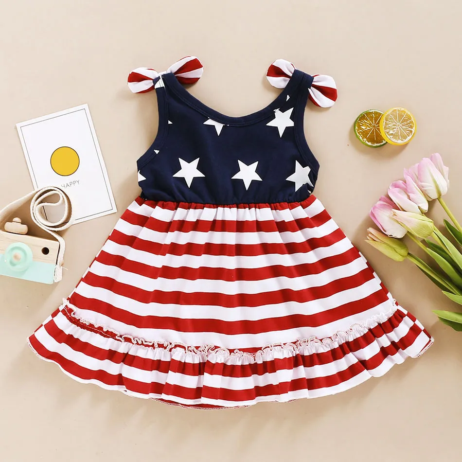 Girls Casual Dresses Adorable Sleeveless Star-Printed Stripe Dress for Girls Fashion Summer Outfit Family Gatherings Dresses