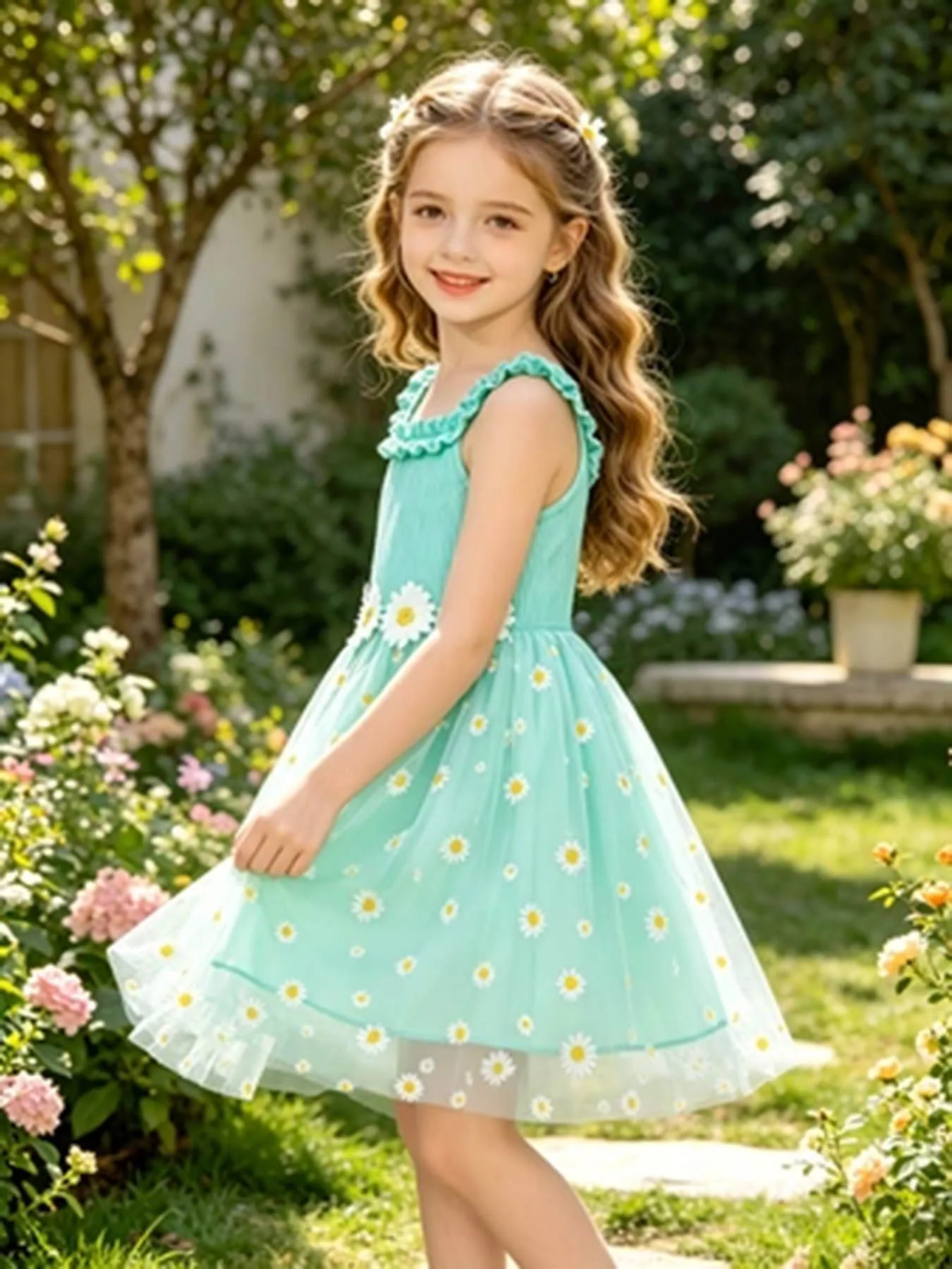 Fresh Daisy Ärmelloses Tüllkleid für Mädchen, gerüschte Schulterträger, 3D-Blumenverziertes Tüll-Tutu-Kleid, Sommerkleid für Li – Detail 3
