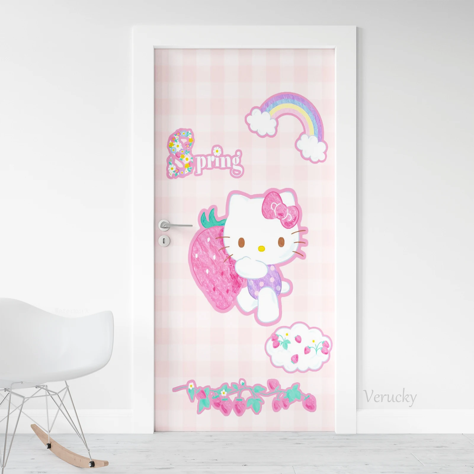 Door Sticker Hello Kitty Cute Cartoon Pattern 3d Self-adhesive PVC Mural Home Decoration Waterproof Wall Poster Decal