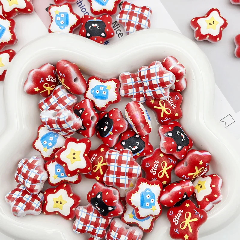 5PCS 19x20mm Embossed Printed Wish Star Five Pointed Star Beads DIY Phone Strap Keychain Bag Charm Handmade Accessories Material
