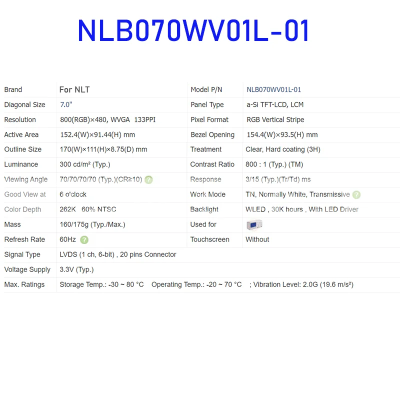 NLB070WV01L-01 7.0 بوصة شاشة LCD لوحة الشاشة الأصلية ل NLT العلامة التجارية الجديدة