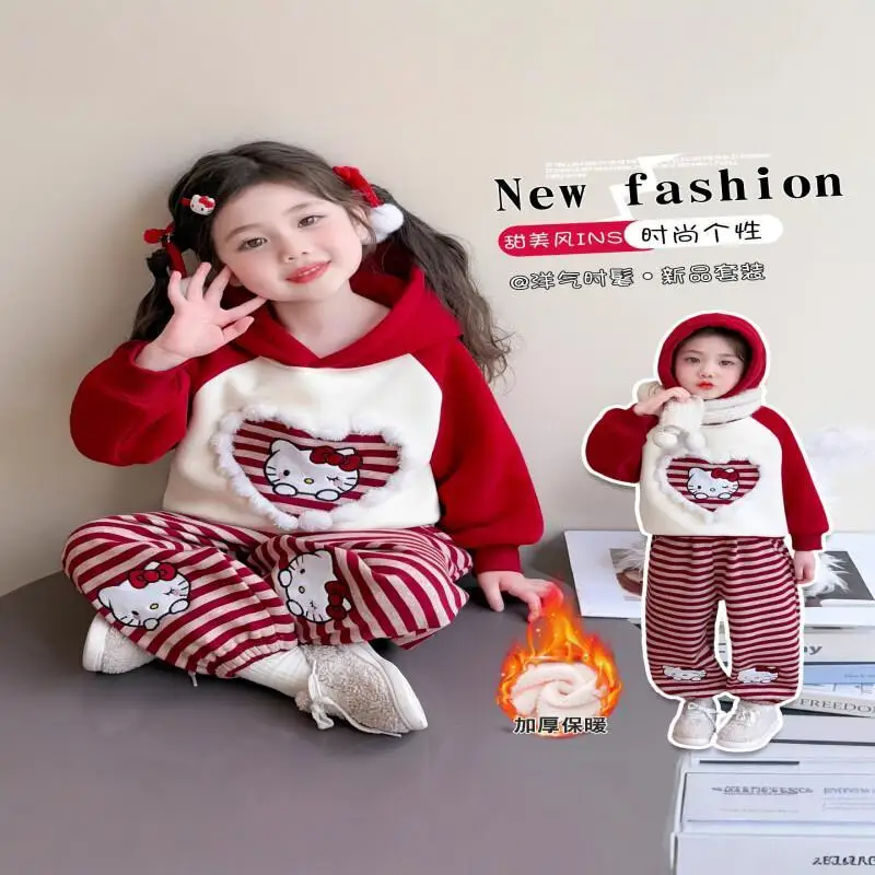 

Комплект домашней одежды Sanrio Hello Kitty из двух предметов, бархатная толстовка с героями мультфильмов для девочек, осенне-зимний стиль, Kawaii Y2K, детская одежда в стиле аниме