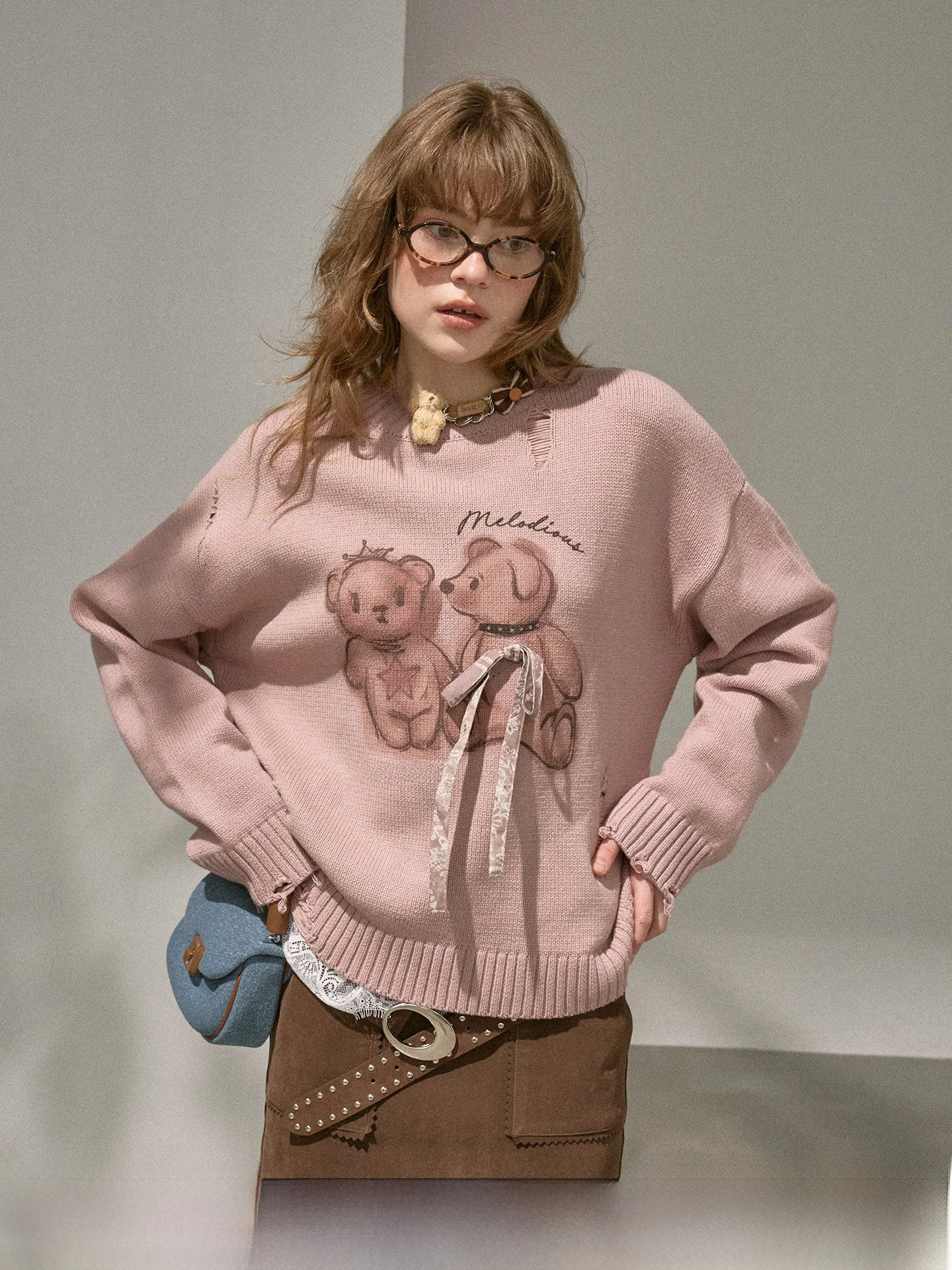 

DIDDI MODA Loose Long Sve Knitted Sweater Women's New Sle Bear Print Knot Hole Casual Sle Polyester Cotton B...