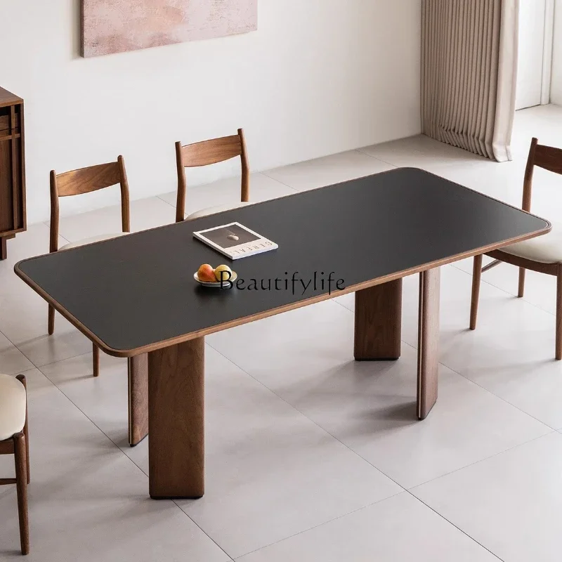 01Slate dining table North American black walnut retro rectangular table living room home