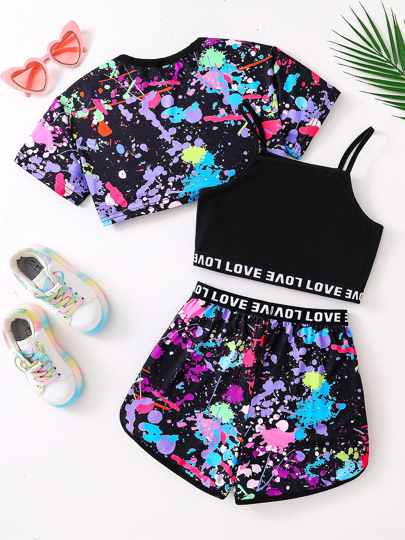 Summer fashion girls' three-piece set Fluorescent graffiti print casual loose slightly elastic comfortable suit