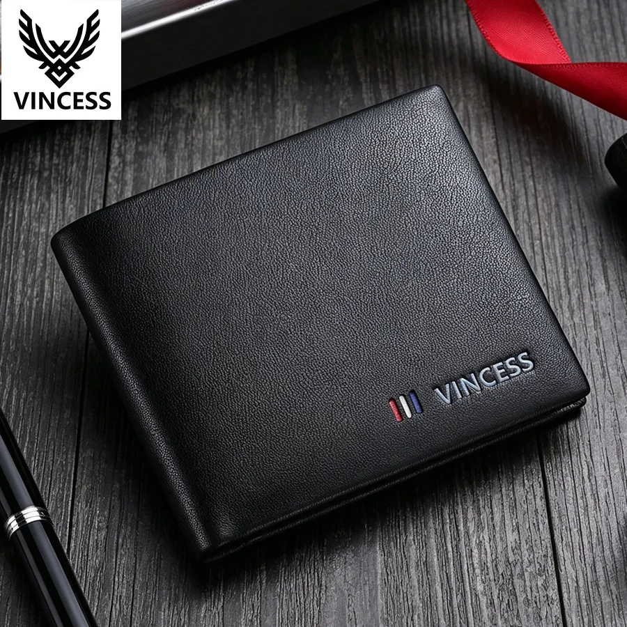 VINCESS Genuine Leather Men Wallets Brand Luxury RFID Bifold Wallet Zipper Coin Purse Business Card Holder Wallet Men's gifts