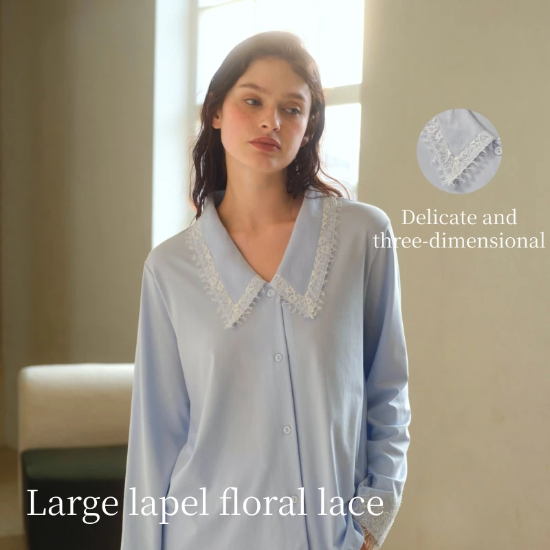 SUJIIN Modal Pajama Sets for Women 2 Piece Long Sleeve Lace Spliced Pjs Casual Loose Sleepwear Loungewear Set for Women SH008