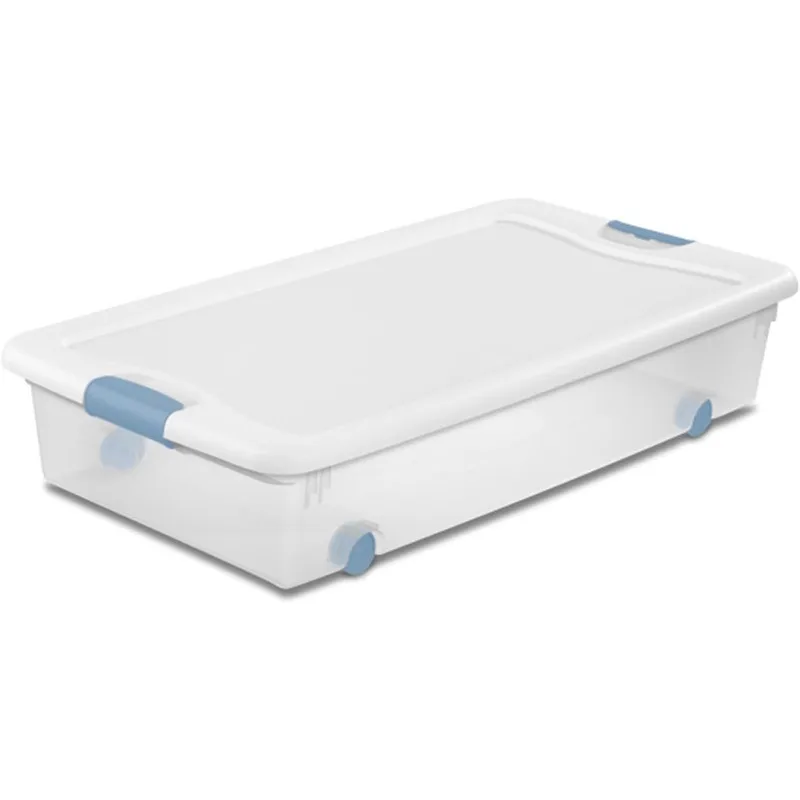 Sterilite 8-Pack Stackable Storage Bin with Wheels, Clear Plastic Design, 56 Quart