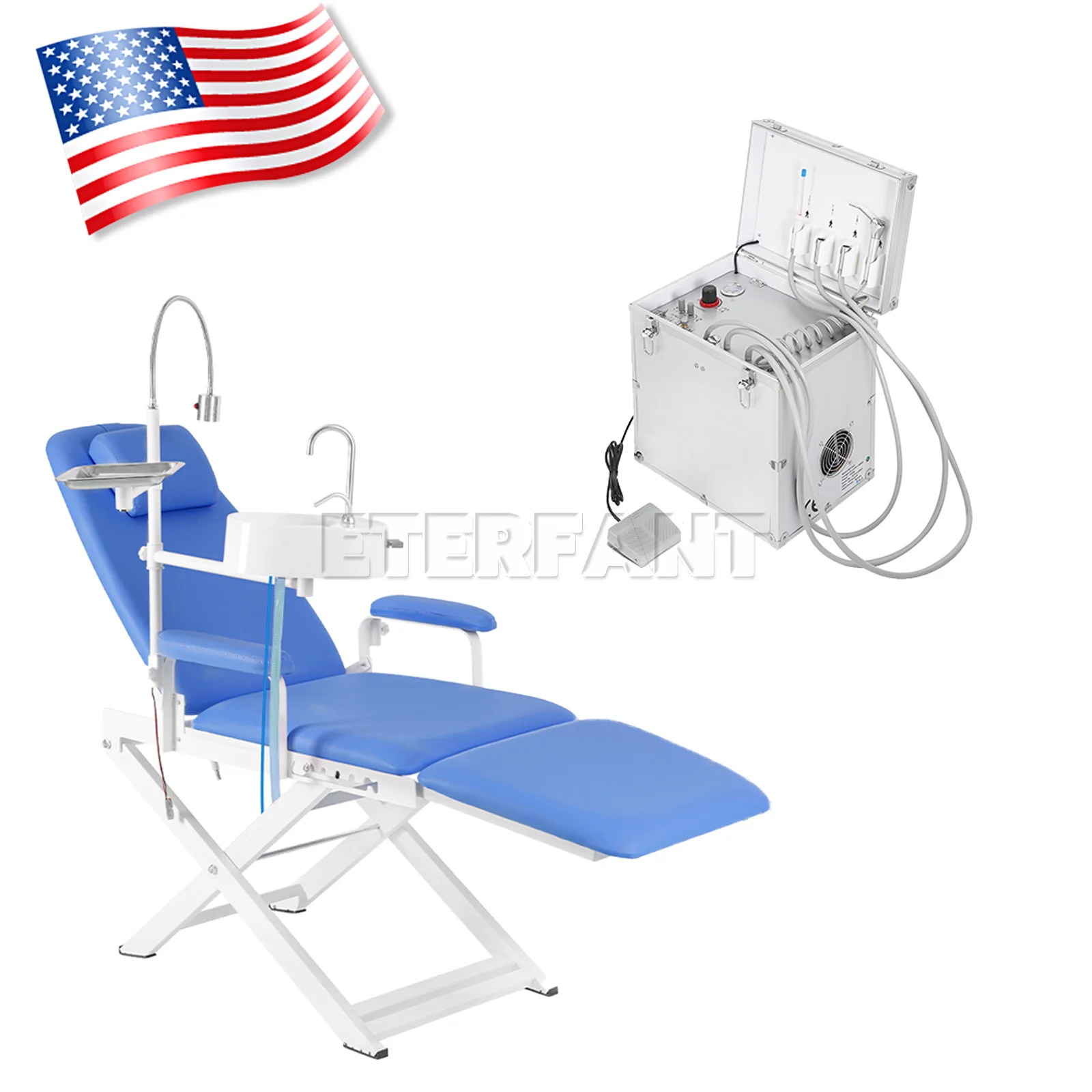 

ETERFANT Dental Delivery Unit Air Compressor Suction System 4H BD-402/Folding Portable Chair w/LED Light Adjustable Height&Angle