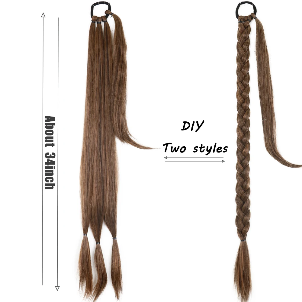 Synthetic 34inches Long Braided Ponytail Hair Extensions For Women Black Brown Pony Tail with Hair Rope High Temperature Fiber