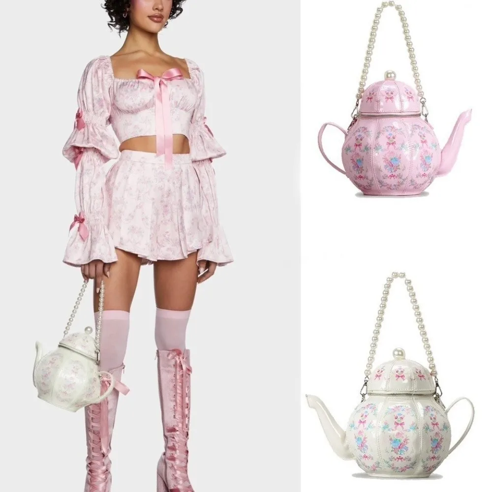 New PU Leather Teapot Design Handbags Personality Creative Crossbody Shoulder Bag Vintage Pearl Chains Purse for Girls for Women