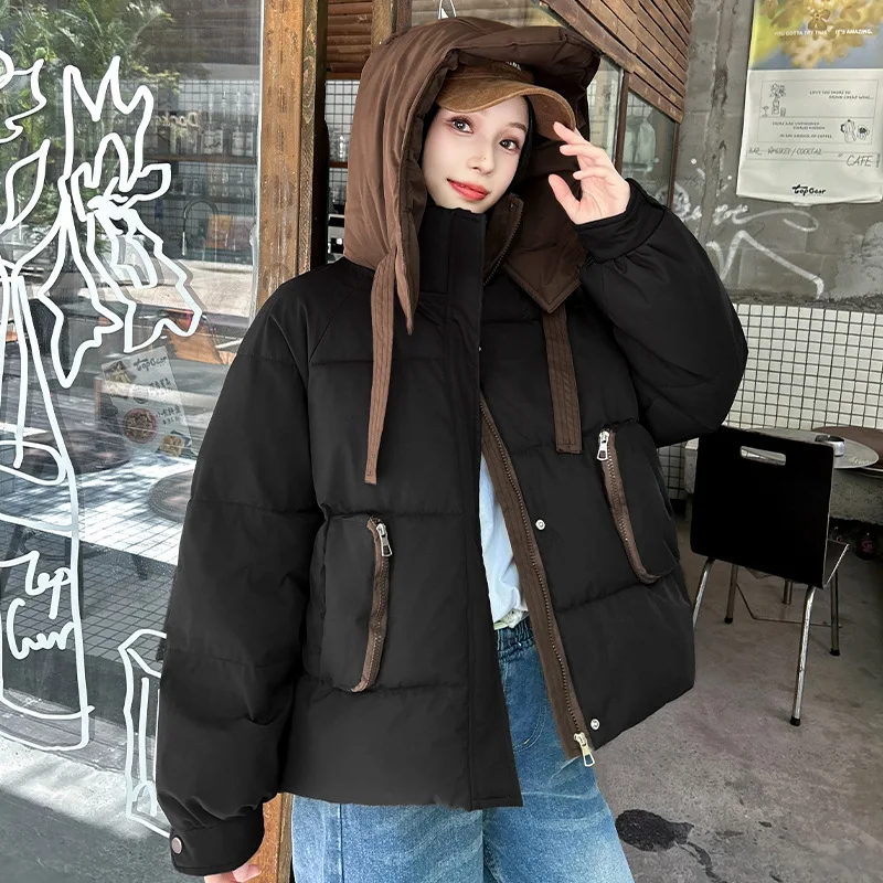 เสื้อโค้ทพาร์กาผู้หญิงแบบมีฮู้ด แขนยาว คอปกพับได้ ซิปหน้า ทรงตรง สีพื้น หนา เหมาะสำหรับใส่ทำงานหรือลำลอง ฤดูหนาว 2025