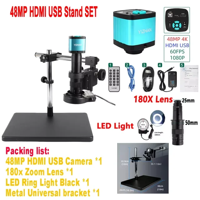 مجهر أحادي العين 48MP 4K كاميرا 180X عدسة 10.1 بوصة عرض قاعدة كبيرة قوس عالمي دقة عالية