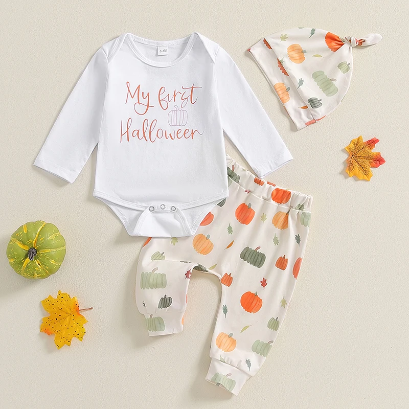 

3-Piece Baby Halloween Set Pumpkin Letter Print Long Sleeve Romper Pumpkin Long Pants Hat Outfits