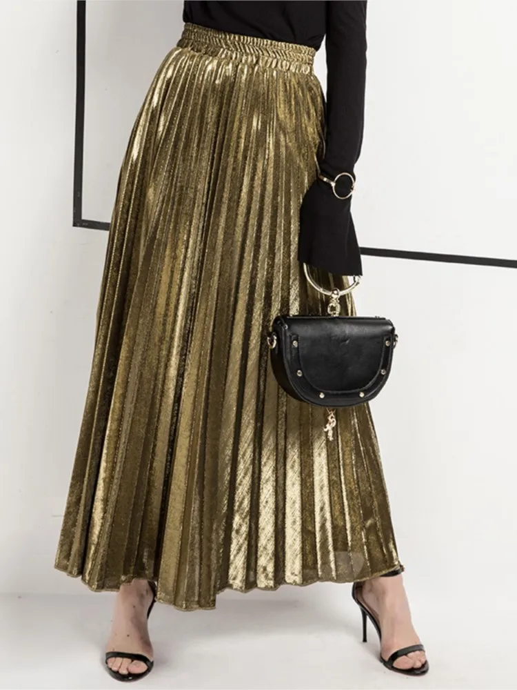 Golden Sand Beach Skirt New Spring Summer Pleated Skirt Long Skirt Women Solid Color Elastic High Waist Office Wear Female Skirt