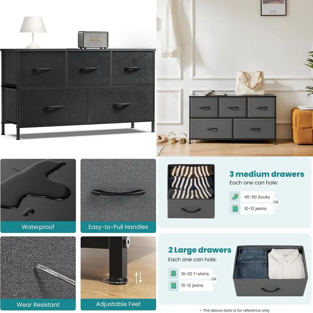 

5 Drawer Dresser with Wide Fabric Closet, Chests, Organizer Tower Furniture, Wooden Top Metal TV Stand, Classic Black for Bedroo