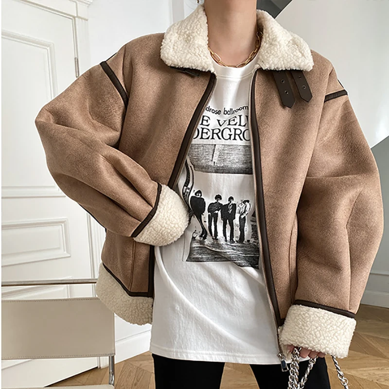 

New Vintage Motorcycle Style Autumn Winter Coat Silhouette Stand Collar Lamb Wool Coat Splicing Loose Coat For Women