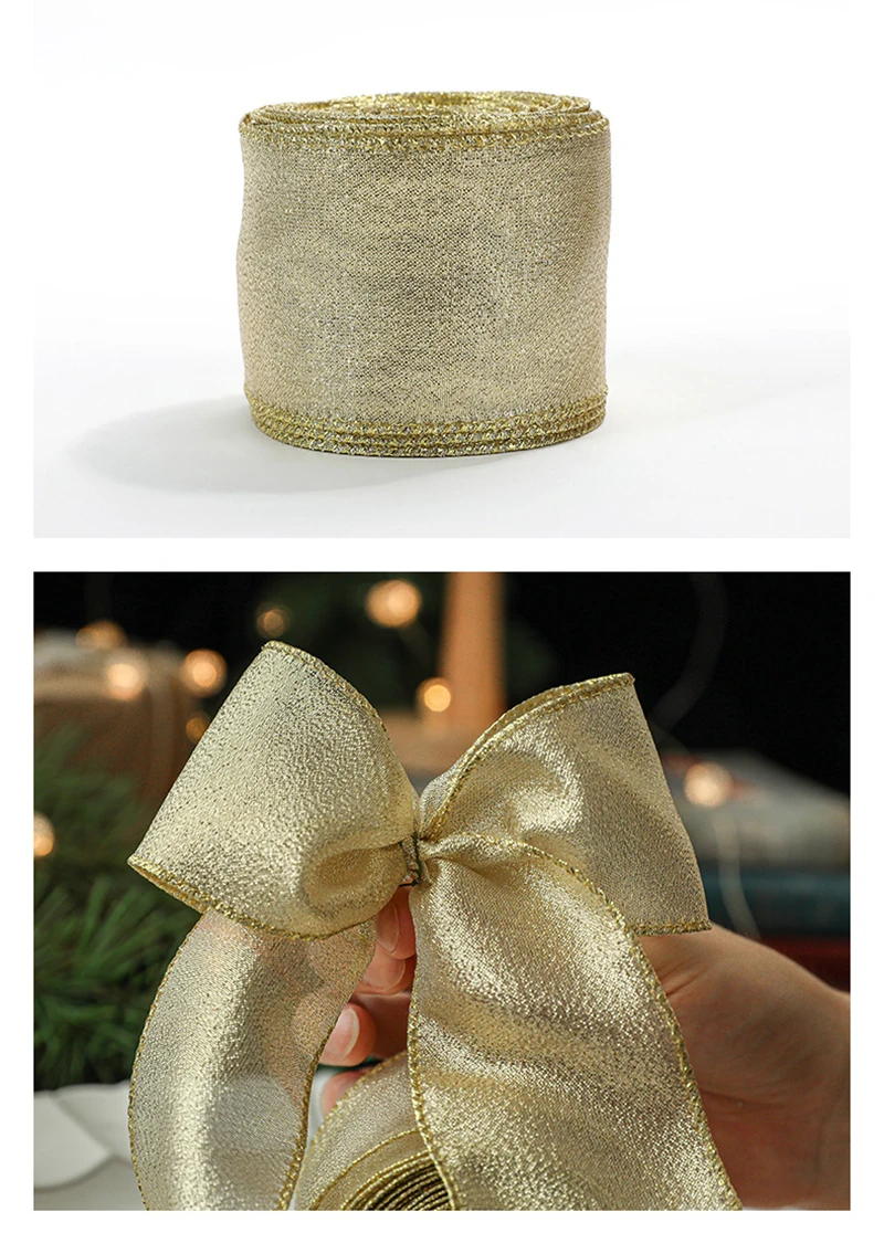 Christmas Wire Ribbon Width3.8cm/5cm/6.3cm Christmas Wire Cuffed Ribbon Gold Powder Decorative Bow Length 2m For Gift Wrapping