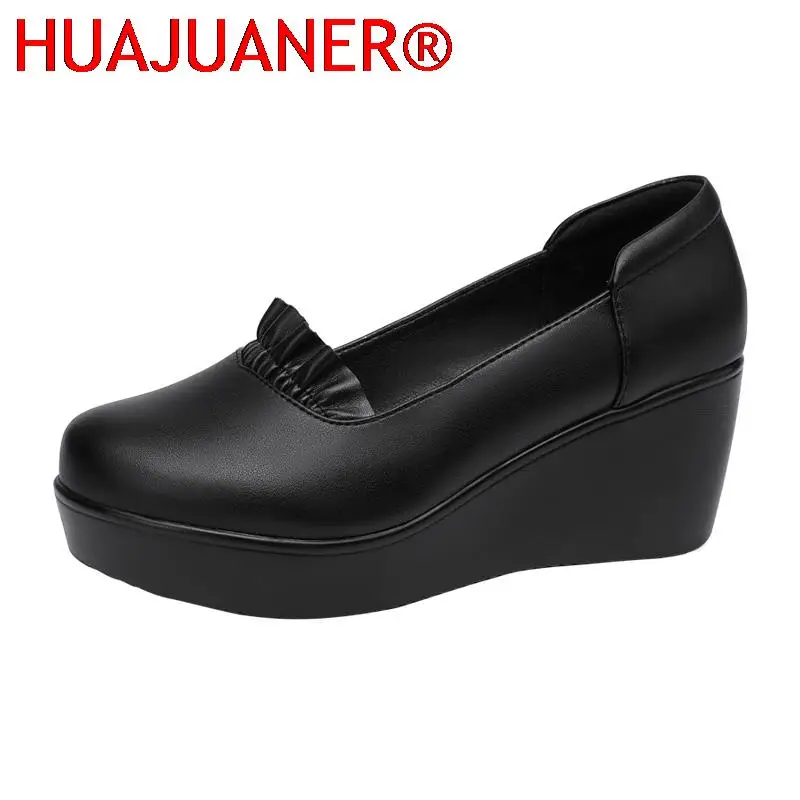 Wedges Shoes for Women 2025 Autumn Spring Platform Pumps Woman High Heels Leather Office Shoes Ladies Plus Size 34-43