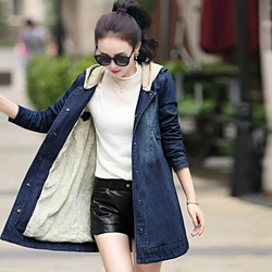 Winter Jeans Jacket Women Velvet Thicken Warm Jaqueta Ladies Coats Loose 4XL Outerwear Hooded Denim Windbreak W1082
