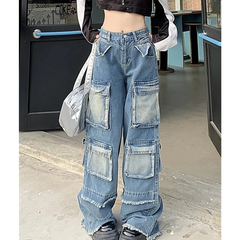 Blue Women Jeans High Waist Vintage Multiple Pockets Straight Y2K Baggy Denim Pants Street American Style Wide Leg Denim Trouser