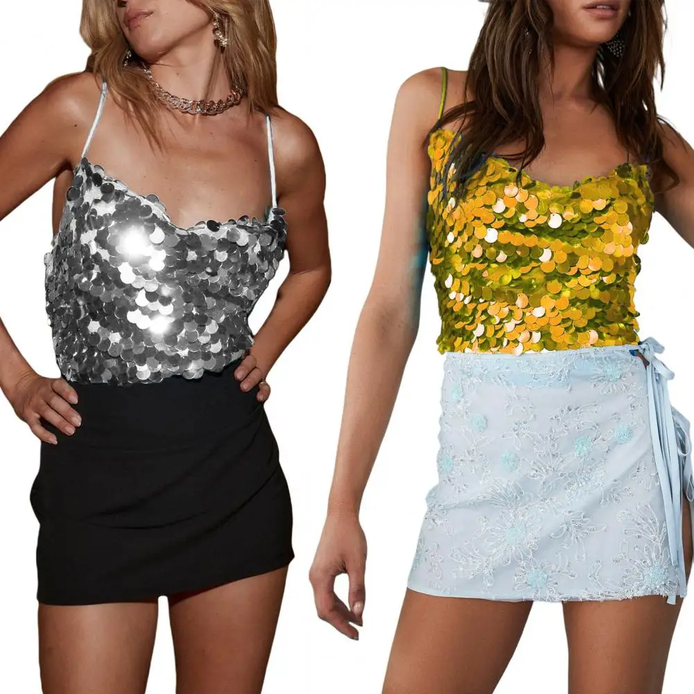 Shiny Sequin Vest Sparkling Sequin Club Vest Low-cut Cross Back Top for Performance Stage Show Pole Dance Sexy Sleeveless Vest